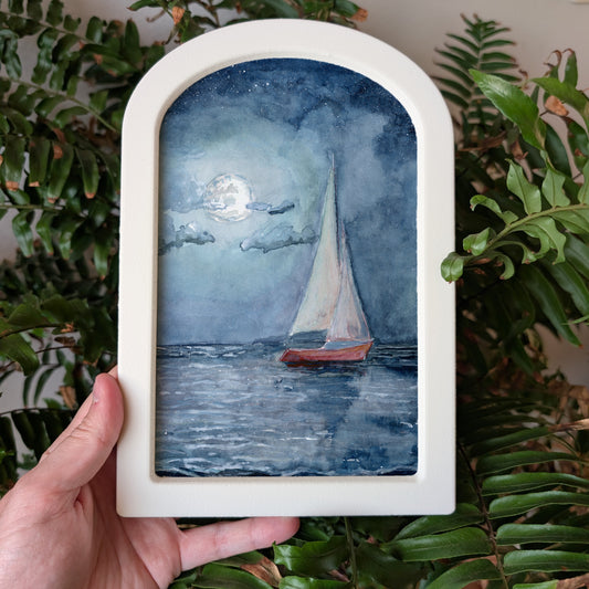Sailboat under Moon - Large Arched Framed Print
