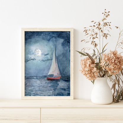 Sailboat under the Moon - Lora Cavallin Art - Not Framed Print Only
