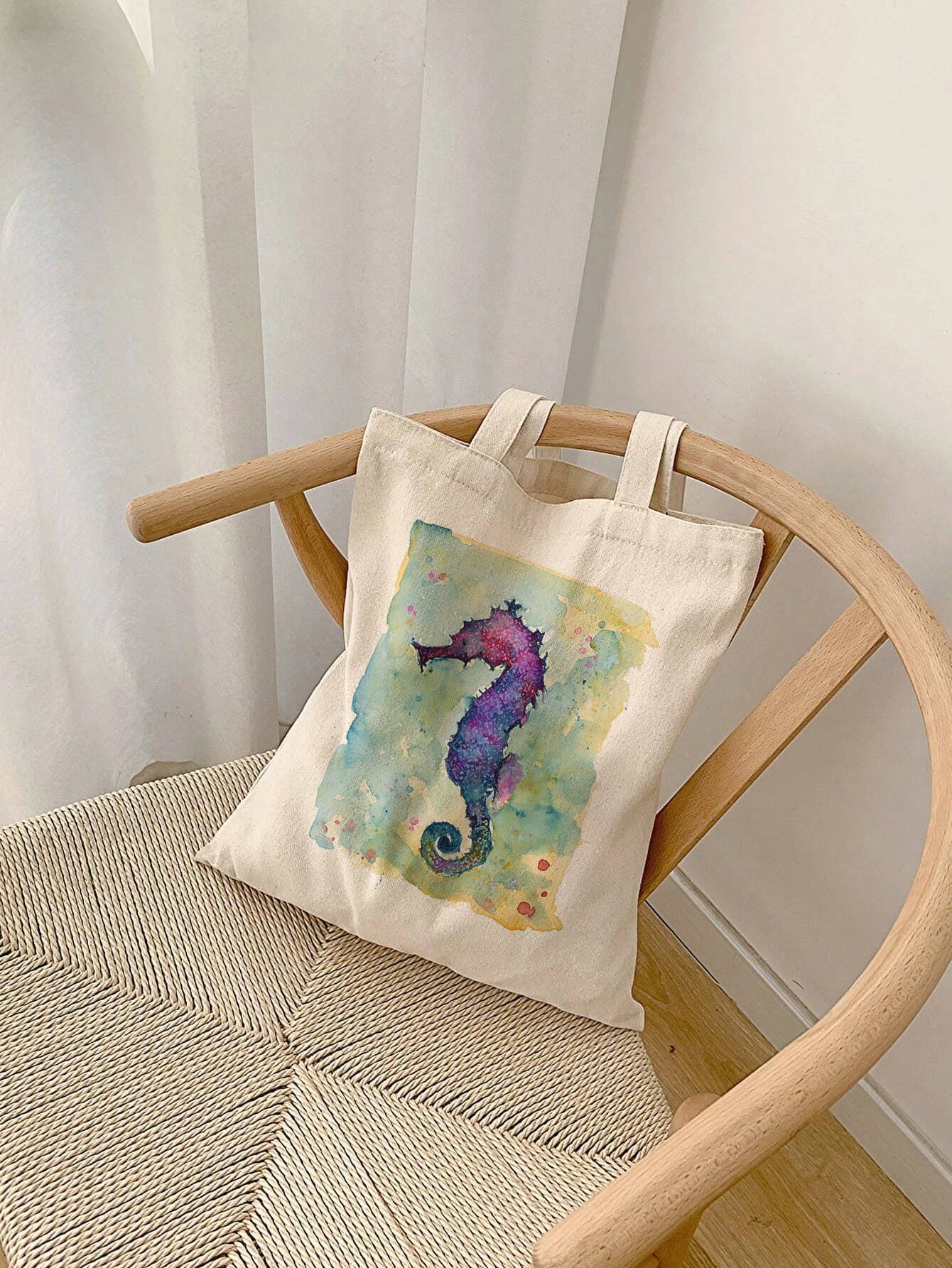 Sea Horse - Cotton Canvas Tote Bag - Painted by Lora Cavallin - Watercolor Art