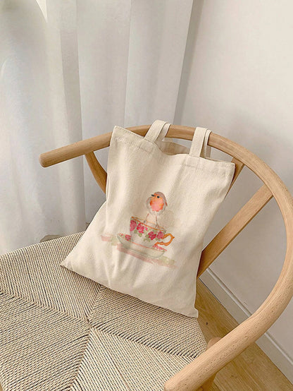 Robin on a Teacup - Watercolor Canvas Tote Bag - Lora Cavallin Art
